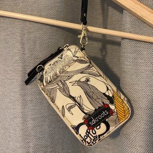 Sakroots Wristlet with Bird Design, Black, White, and Yellow, Coated Canvas